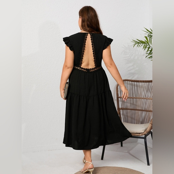 Lace Patchwork Ruffle Sleeve Backless Ruched Midi Dress - Picture 2 of 2